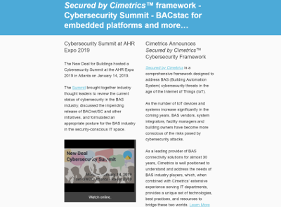 January, 2019 newsletter - Secured by Cimetrics™ framework - Cybersecurity Summit - BACstac for embedded platforms and more…