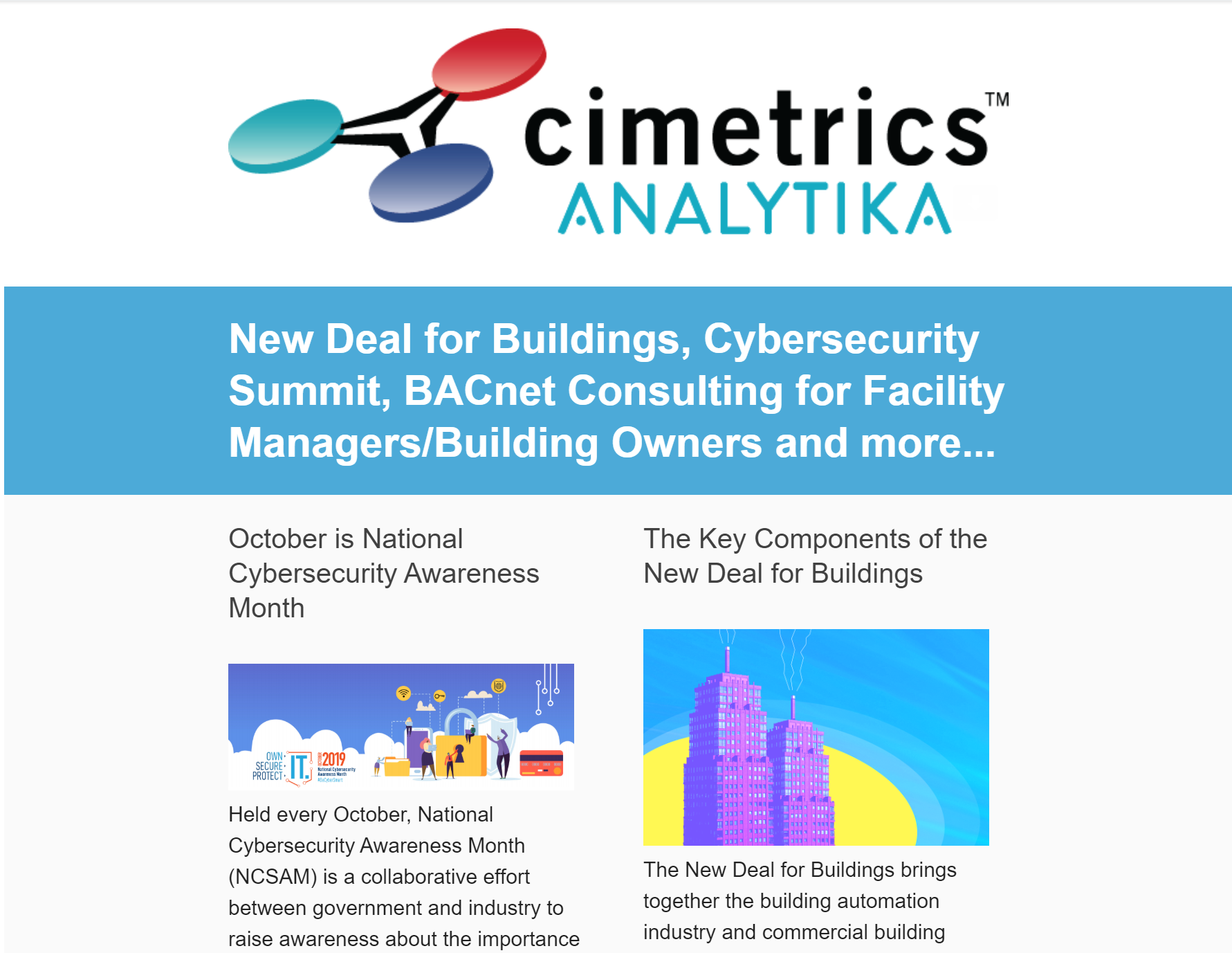 October, 2019 Newsletter - New Deal for Buildings, Cybersecurity Summit, BACnet Consulting for Facility Managers/Building Owners and more..